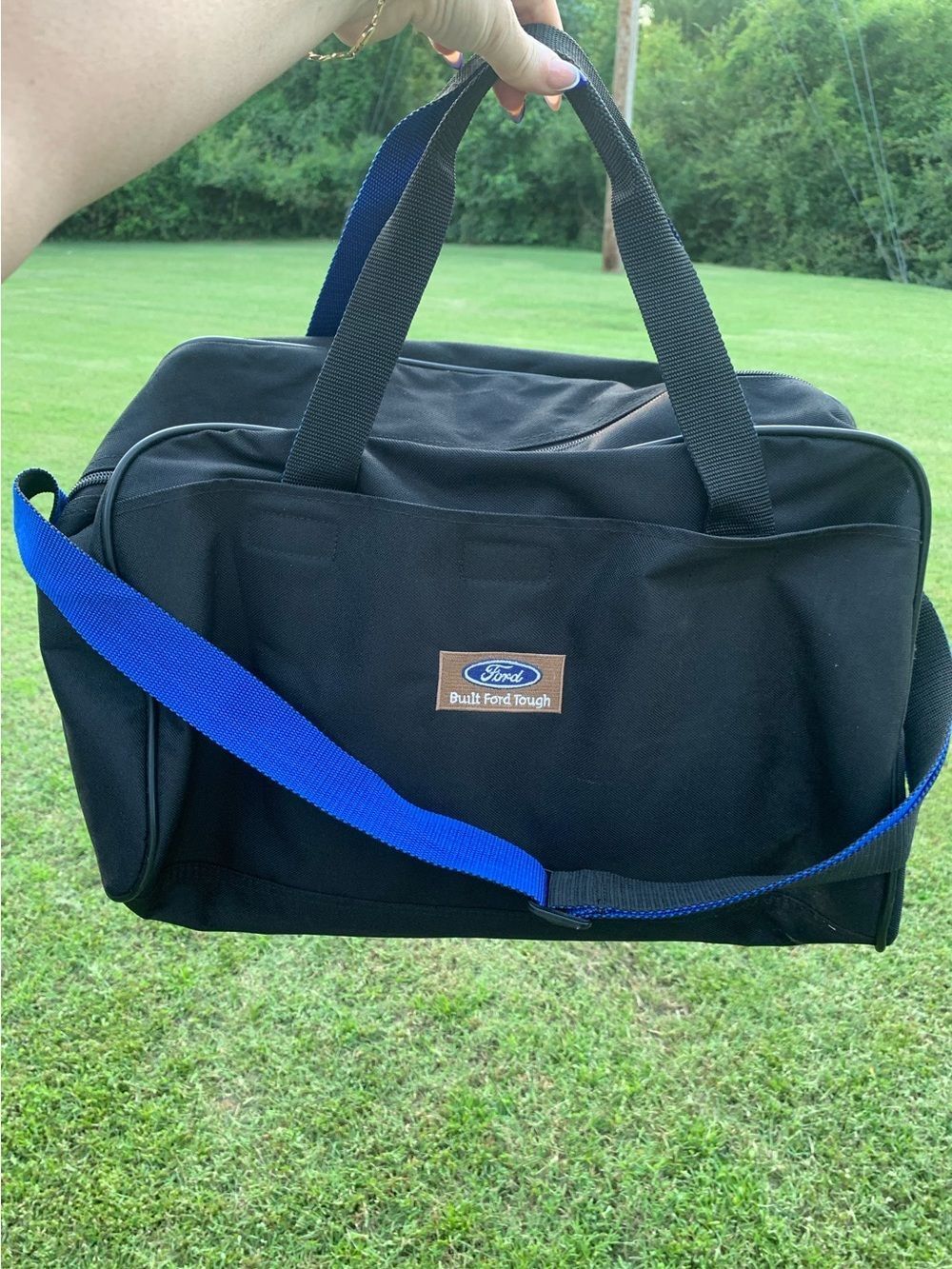Vintage Ford Black Canvas Duffel with Bright Blue Shoulder Strapww